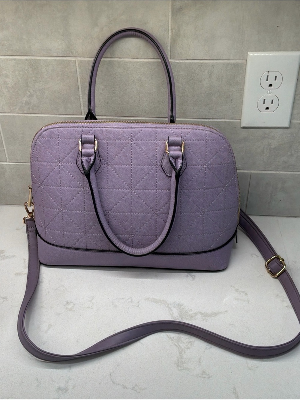 ALDO Lavender Lilac Leather Satchel Purse Dome Bag Quilted Stitching